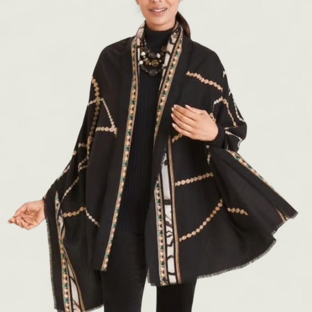 Chico's Black Gold Chain Animal Print Scarf Wrap